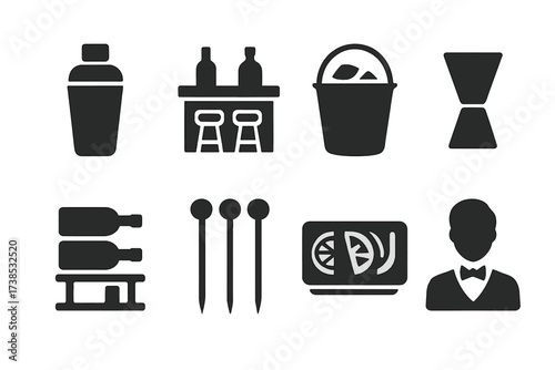 Bartending Icon Set. Solid, filled icon set of strainer party and bartending: cocktail shaker, bar counter, ice bucket, jigger, bottle rack, cocktail picks,