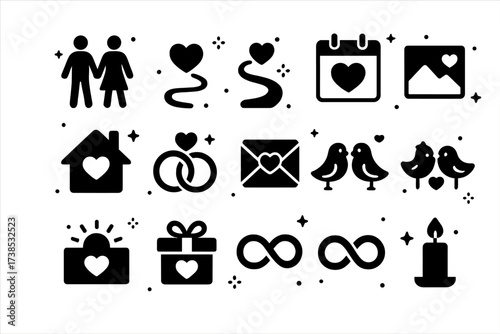 Love Journey Icons. Love journey. Solid icons set of love journey: couple walking, heart path, calendar heart, photo memory, shared home, intertwined rings,