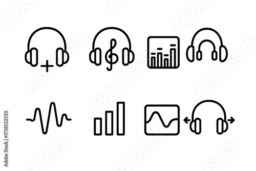 Headphone Sound Icons. Outline icon set of headphone sound quality: bass boost, treble control, equalizer, surround sound, audio wave, volume bars, frequency