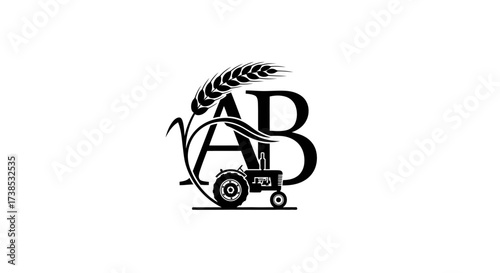 Agriculture business logo design showcasing a tractor and wheat sheaf with initials AB