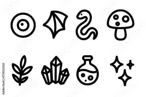 Fantasy Potion Ingredients. Solid, filled icon set of fantasy cauldron ingredients: eyeball, bat wing, snake, mushroom, herbs, crystals, potion bottle, fire