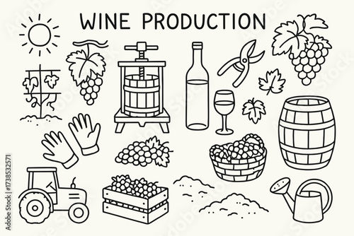 Vineyard Doodle Icons. Hand-drawn doodle illustration Wine production in vineyard grape bunch, grape press, wine bottle, wine glass, barrel, basket, tractor,