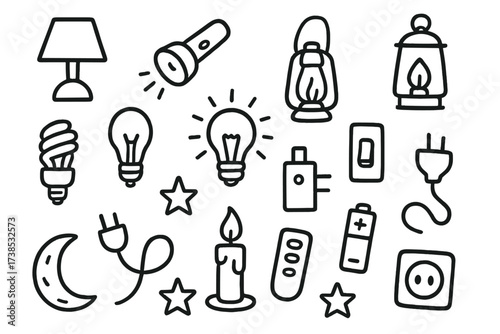 Lighting Appliance Doodles. Hand-drawn doodle illustration Portable lighting appliances lamp, flashlight, lantern, desk light, bulb, switch, plug, battery,