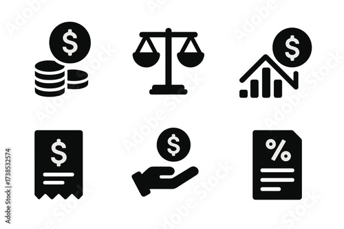 Trading Finance Icons. Solid, filled icon set of trading finance: capital, margin, profit, loss, fees, commissions, dividends, taxes. [Solid, filled icons in