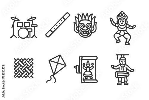 Cultural Icons Outline. Outline icon set of Bangladeshi festivals: Pohela Boishakh, Eid prayer, Shakrain kite, Durga Puja idol, Ekushey Book Fair, National