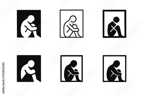 Loneliness Logo Variations. Loneliness personified by a small figure. Set Logo of Loneliness personified by a small figure: Figure inside empty