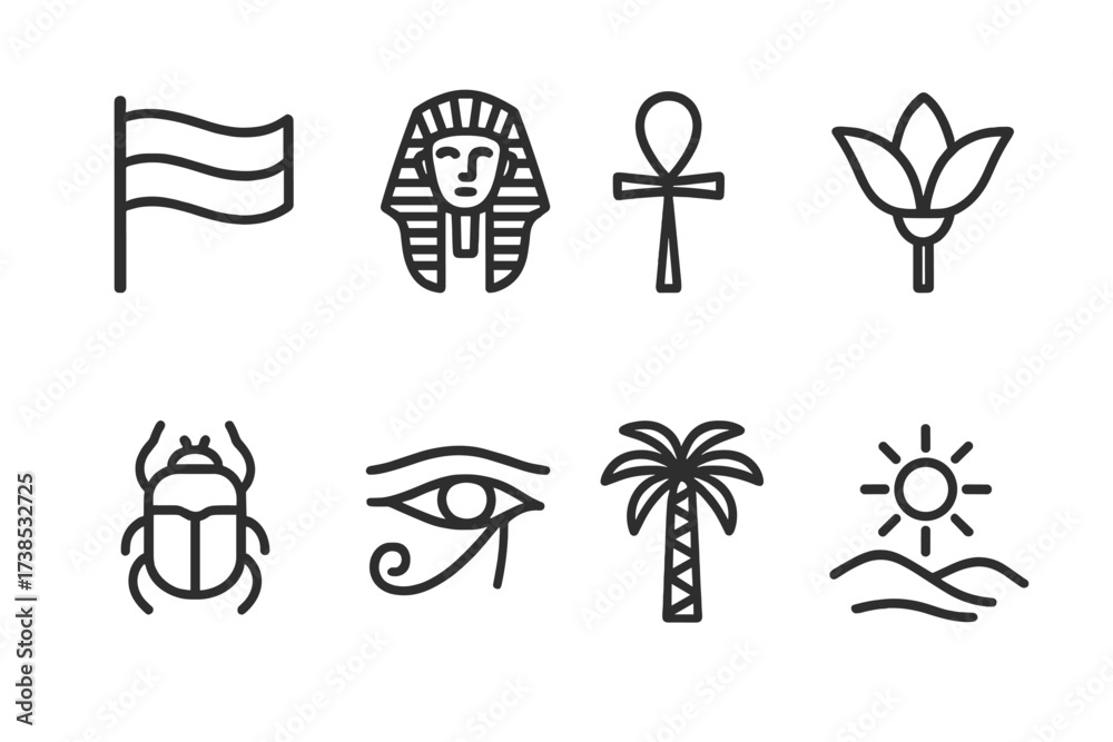 Fototapeta premium Egyptian and Moroccan Icons. Outline icon set of Egyptian symbols: Flag, Pharaoh mask, Ankh symbol, Lotus flower, Scarab beetle, Eye of Horus, Palm tree,