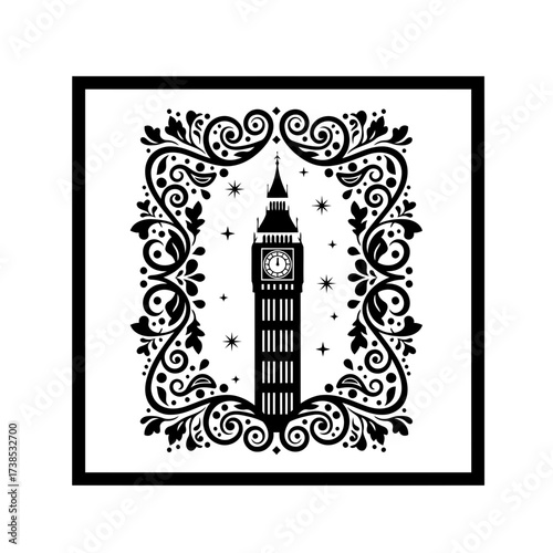 Vector art of intricate black and white illustration of big ben framed by ornate floral swirls and stars