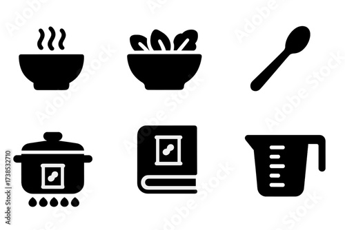 Canned Beans Icons. Solid, filled icon set of canned beans usage: soup bowl, salad bowl, sandwich, spoon, cooking pot, stove, recipe book, measuring cup. [Line