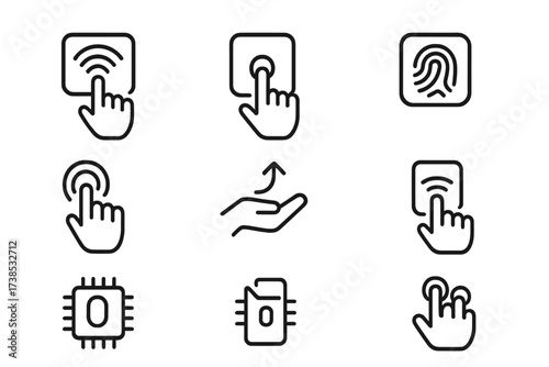 Touch Technology Icons. Outline icon set of touch technology: capacitive sensor, resistive sensor, fingerprint scanner, NFC tag, gesture sensor, proximity