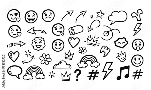 fun set of hand drawn doodle elements including emojis arrows and rainbows