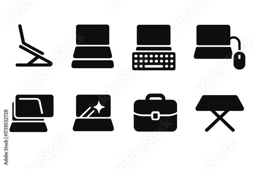 Laptop Ergonomics Icons. Solid, filled icon set of laptop ergonomics: adjustable stand, wrist rest, external keyboard, external mouse, screen protector,