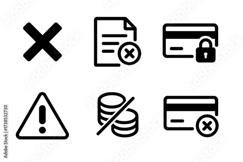 Credit Risk Icons. Solid, filled icon set of credit risk: red cross mark, overdue document, payment failure, denied credit, locked access, warning sign, debt