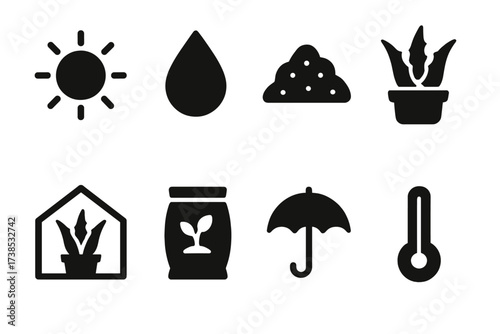 Aloe Vera Care Icons. Solid, filled icon set of aloe vera environmental needs: sun, water drop, soil, pot, greenhouse, fertilizer, shade, temperature. Solid,