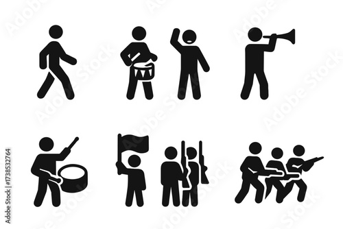 Battle Rhythm Icons. Solid, filled icon set of battle rhythm actions: marching, drumming, chanting, signaling, rallying, beating drum, flag