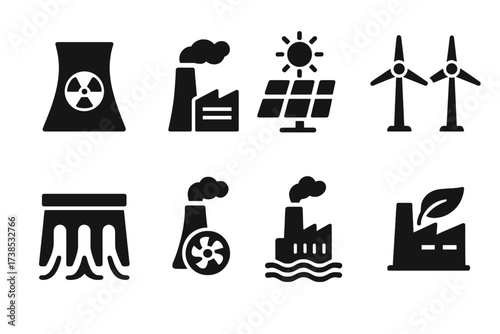 Power Plant Icons. Solid, filled icon set of power plants: nuclear reactor, coal plant, solar farm, wind farm, hydro dam, gas turbine, geothermal plant,