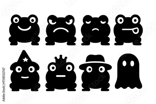 Cartoon Toad Icons. Solid, filled icon set of cartoon toads: smiling toad, angry toad, sleepy toad, silly toad, wizard toad, tiny crown toad, explorer toad,