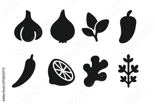 Aromatic Ingredient Icons. Solid, filled icon set of aroma cooking ingredients: garlic, onion, basil, pepper, chili, lemon, ginger, thyme. Solid, filled icons