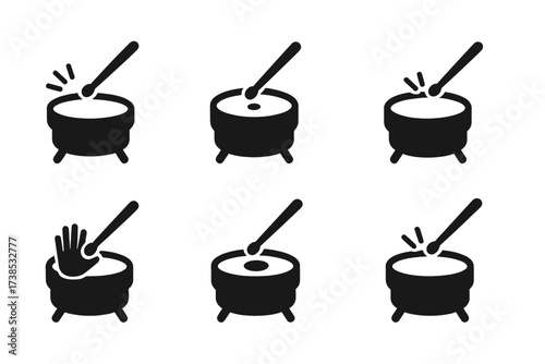 Drum Techniques Icons. Solid, filled icon set of drumhead playing techniques: rimshot, center strike, edge strike, muffled hit, ghost note, roll, tap, slap.