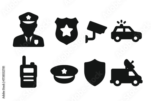 Security Icon Set. Solid, filled icon set of security personnel: guard, police badge, security camera, patrol car, walkie-talkie, uniform hat,