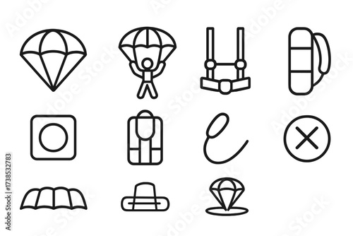 Parachute Icon Set. Outline icon set of parachute: deployed parachute, skydiver, harness, reserve chute, parachute pack, ripcord, canopy, landing zone. Line