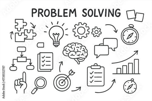 Creative Problem Solving. Hand-drawn doodle illustration Problem solving with visual strategy puzzle pieces, light bulb, gears, flowchart, brain, checklist,