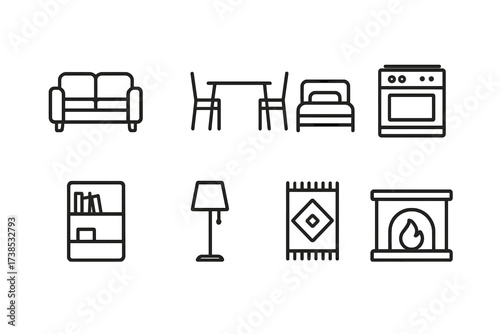 Home Interior Icons. Outline icon set of home interiors: sofa, dining table, bed, kitchen stove, bookshelf, lamp, rug, fireplace. Line icons in only black