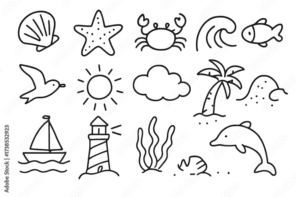 Obraz premium Coastal Nature Icons. Hand-drawn doodle illustration coastal nature seashell, starfish, crab, wave, fish, seagull, sun, cloud, palm tree, sand, rock, boat,