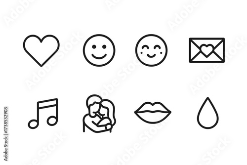 Serenade Emotion Icons. Outline icon set of serenade emotions: heart, smiling face, blushing cheeks, love letter, kiss lips, music notes, hugging couple, tear