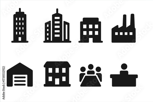 Corporate Building Icons. Solid, filled icon set of corporate buildings: skyscraper, office tower, headquarters, factory, warehouse, branch office, meeting