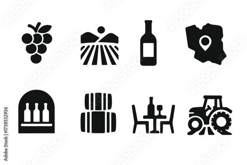 Wine Icon Set. Solid, filled icon set of wine regions and vineyards: grape cluster, vineyard row, wine bottle label, wine map, wine cellar, barrel room, wine