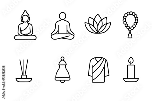 Thai Icons Collection. Outline icon set of Thai cuisine: pad thai, mango sticky rice, tom yum soup, chili pepper, coconut, fish sauce bottle, Thai curry bowl,