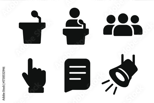 Public Speech Icons. Solid, filled icon set of public speech: podium, microphone, speaker silhouette, audience, hand gesture, speech bubble, speech notes,