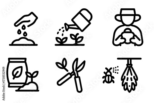 Agricultural Process Icons. Solid, filled icon set of agricultural processes: sowing seeds, watering plants, harvesting, soil testing, fertilizing, pruning,