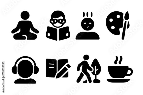 Calm Activity Icons. Solid, filled icon set of calm activities: yoga, reading, deep breathing, painting, listening to music, journaling, walking in nature, tea