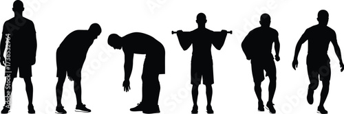 Athlete Silhouette Set Showing Standing, Stretching, Weightlifting, Running, Jogging, and Resting Poses for Fitness and Exercise Concepts