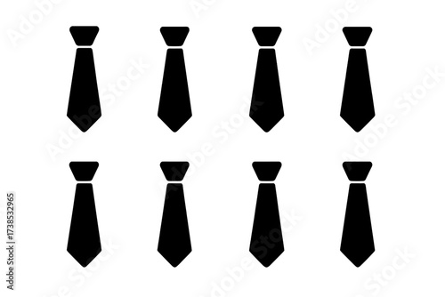 Colorful Tie Icons. Solid, filled icon set of tie colors: black, navy, red, grey, green, yellow, purple, brown. [Solid, filled icons in only black color. All