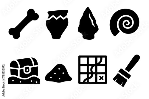 Excavation Artifacts Icons. Solid, filled icon set of excavation artifacts: bone fragment, pottery shard, ancient tool, fossil, buried chest, sand mound, grid