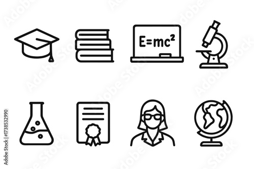 Educational and Architectural Icons. Outline icon set of Polish education and science: graduation cap, book stack, blackboard, microscope, chemistry flask,