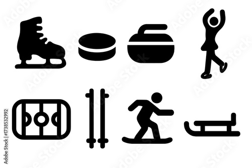 Winter Sports Icons. Solid, filled icon set of ice skating and sports: ice skate, hockey puck, curling stone, figure skater, ice rink, ski poles, snowboarding,