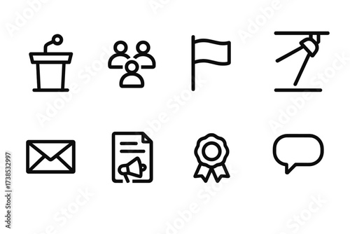 Decree Ceremony Icons. Outline icon set of decree ceremony: podium, microphone, audience, flag, handshake, ribbon cutting, stage, spotlight. Line icons in only