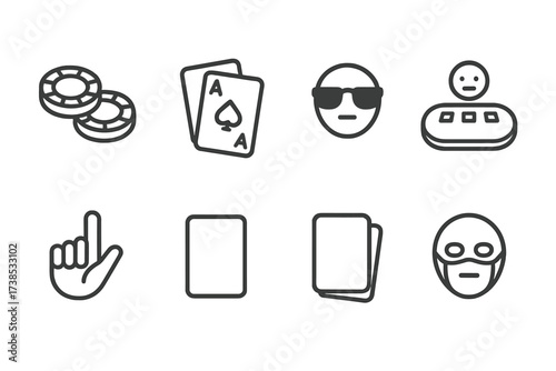 Poker Icon Set. Outline icon set of poker face: poker chips, playing cards, sunglasses, straight face, poker table, hand gesture, card deck, facial mask. Line