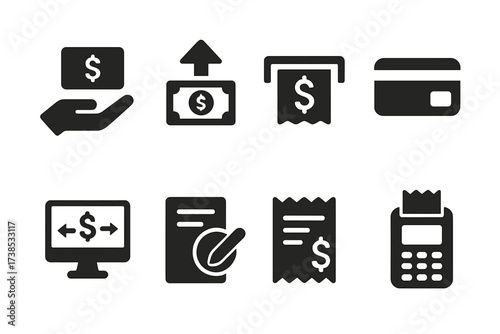 Banking Icons Grid. Solid, filled icon set of banking transactions: deposit icon, withdrawal arrow, ATM card, online transfer, transaction slip, checkbook,