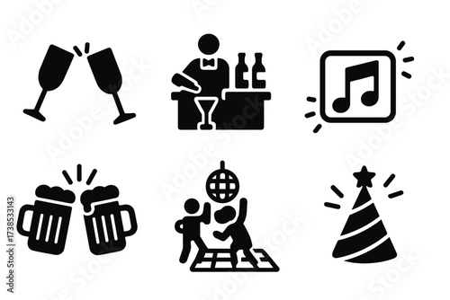 Party Icon Set. Solid, filled icon set of stirring party and culture: clinking glasses, bartender silhouette, bar counter, music note, neon sign, celebration