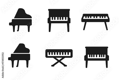 Piano Icons Grid. Solid, filled icon set of piano types: grand piano, upright piano, digital piano, baby grand, stage piano, hybrid piano, console piano,
