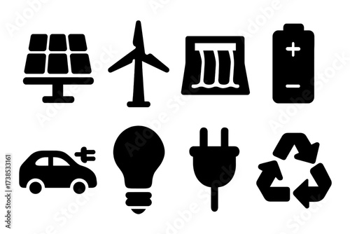 Sustainable Energy Icons. Solid, filled icon set of sustainable energy: solar panel, wind turbine, hydroelectric dam, battery, electric car, light bulb, power