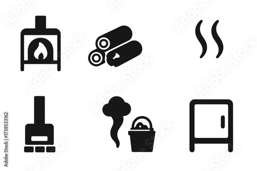 Banya Heating Methods Icons. Solid, filled icon set of banya heating methods: wood stove, firewood, coal, water steam, chimney, smoke, ash bucket, stove door.