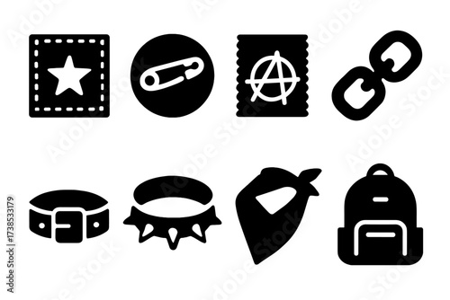 Punk Accessories Icons. Solid, filled icon set of punk accessories: patches, pins, stickers, chains, belts, spiked collars, bandanas, backpacks. Solid, filled