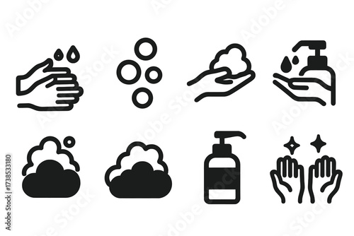 Soap Icon Set. Solid, filled icon set of soap usage: hand washing, soap bubbles, lather, rinsing hands, soap suds, soap foam, soap bottle, clean hands. [Line
