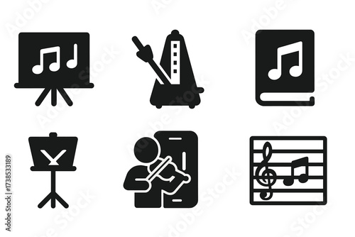 Music Education Icons. Solid, filled icon set of music education: blackboard with notes, metronome, tuning fork, practice book, music stand, student with